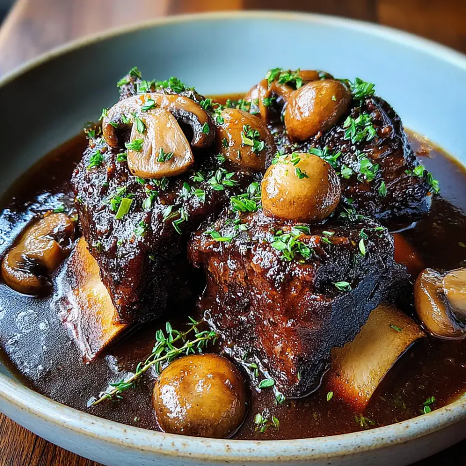 Slow Braised Beef Short Ribs with Mushrooms, ready to serve