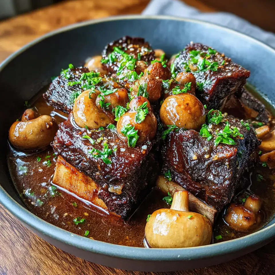 A close look at Slow Braised Beef Short Ribs with Mushrooms