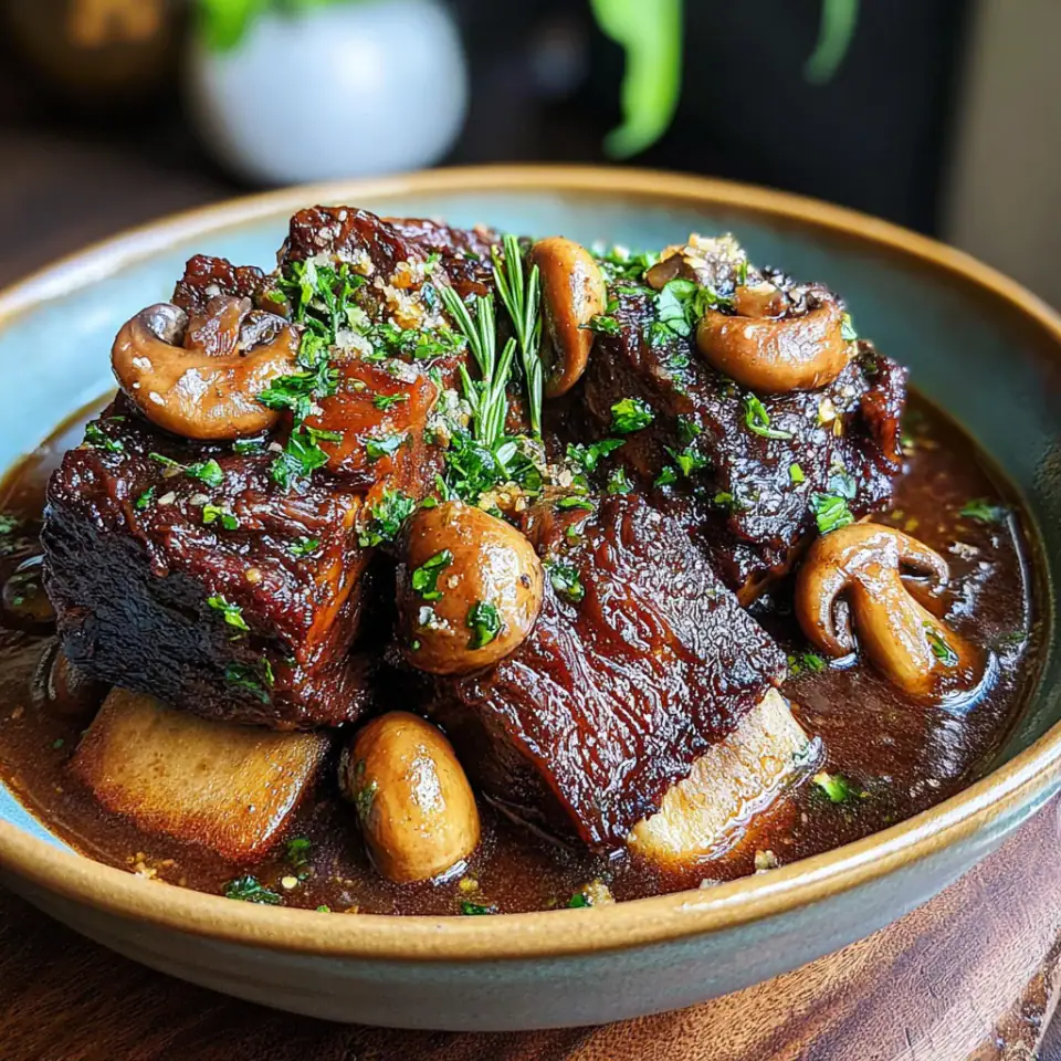 Slow Braised Beef Short Ribs with Mushrooms served on the table