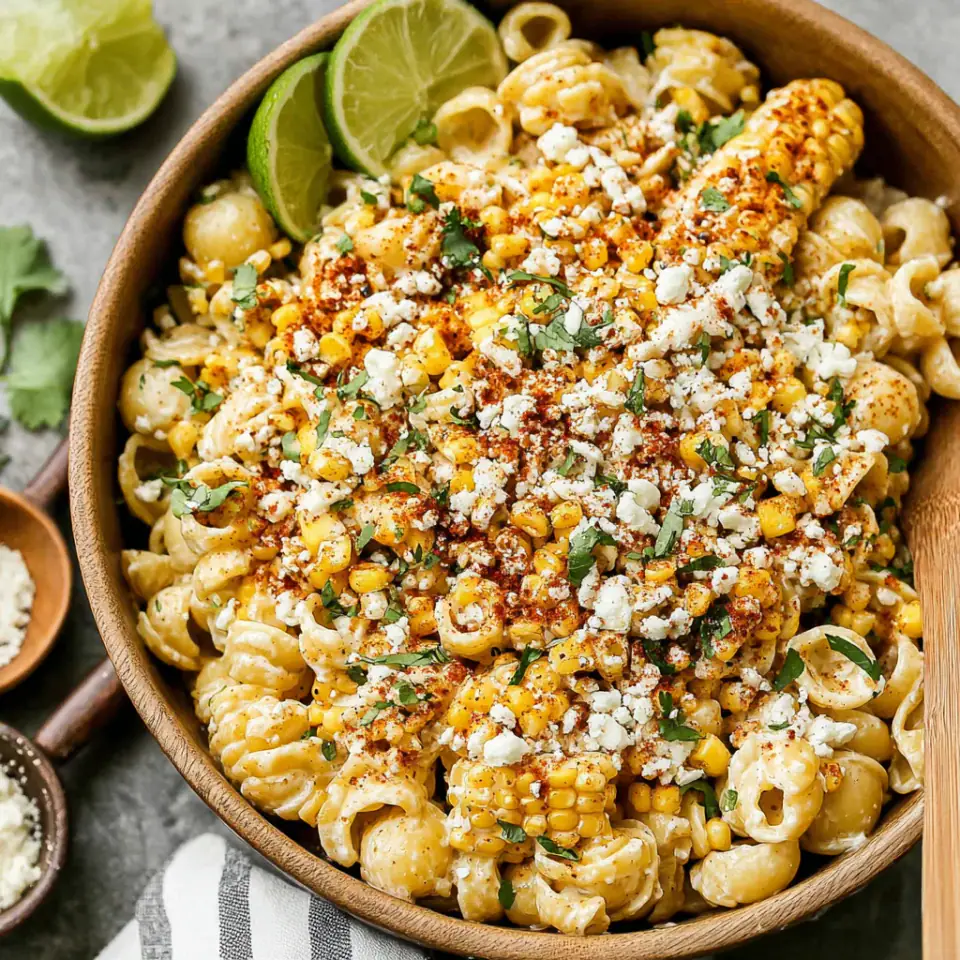 Street Corn Pasta Salad with Mexican Crema, ready to serve