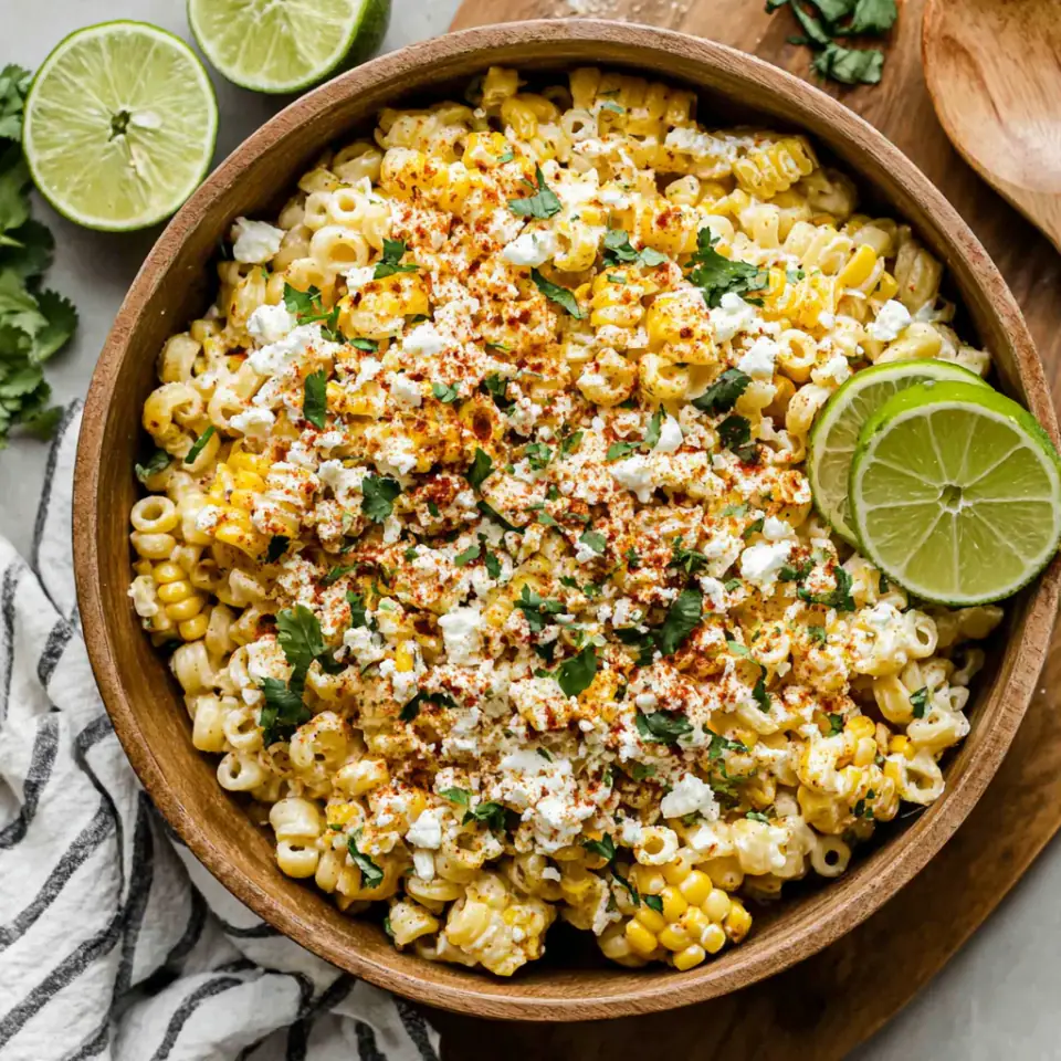 A close look at Street Corn Pasta Salad with Mexican Crema