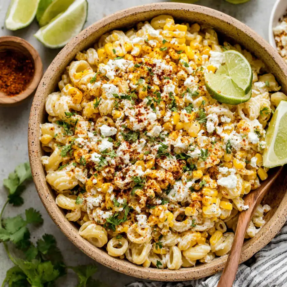 Street Corn Pasta Salad with Mexican Crema served on the table