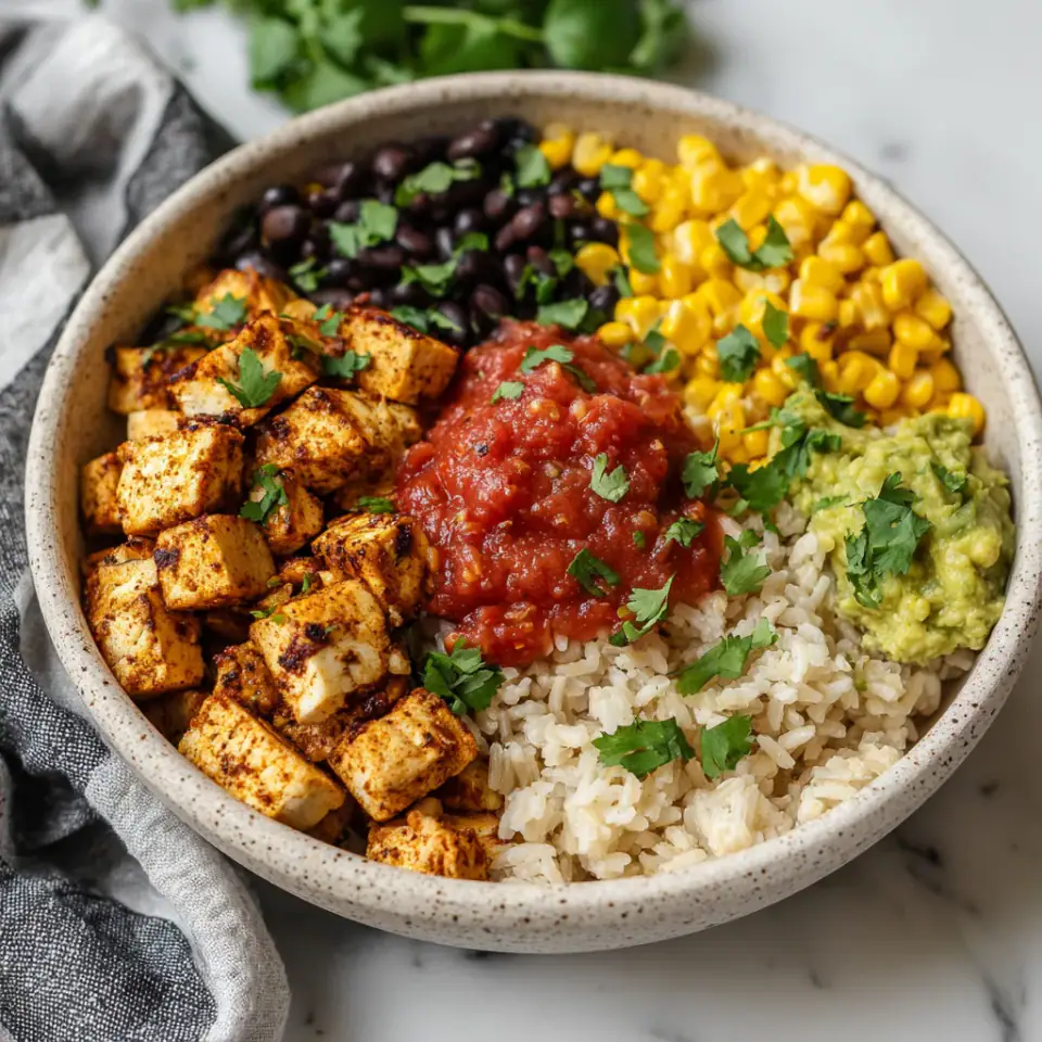 Mexican Tofu Burrito Bowl, ready to serve