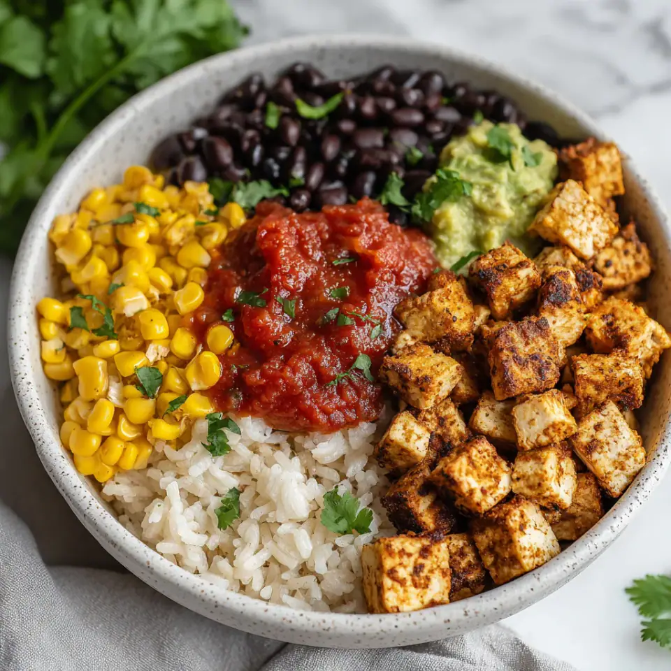 Mexican Tofu Burrito Bowl served on the table