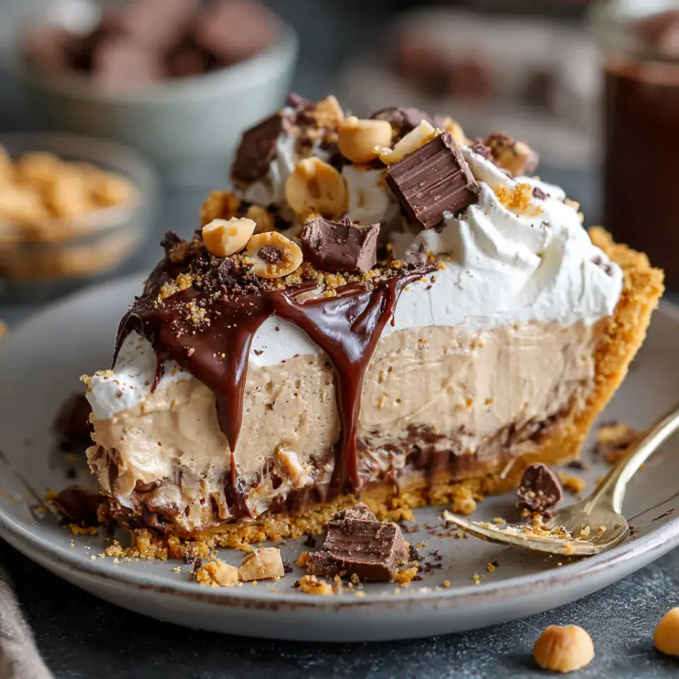 No-Bake Cream Cheese Peanut Butter Pie with Chocolate Whipped Cream, ready to serve
