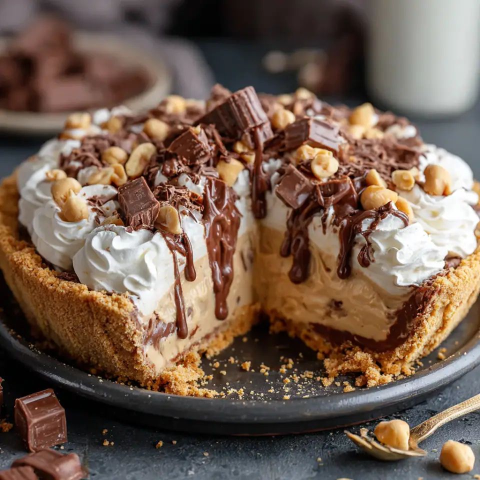 A close look at No-Bake Cream Cheese Peanut Butter Pie with Chocolate Whipped Cream