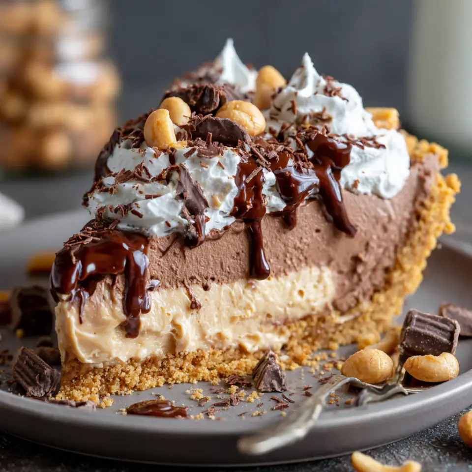 No-Bake Cream Cheese Peanut Butter Pie with Chocolate Whipped Cream served on the table