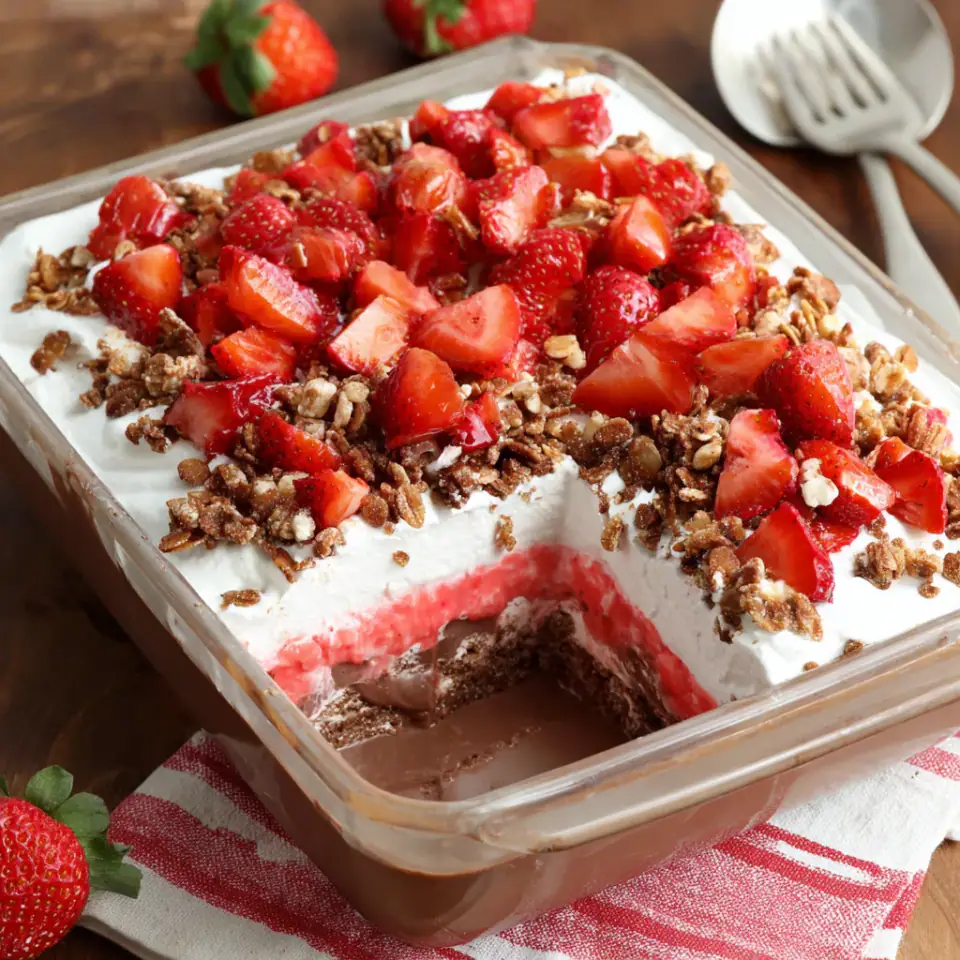 No-Bake Strawberry Chocolate Dessert Bars, ready to serve