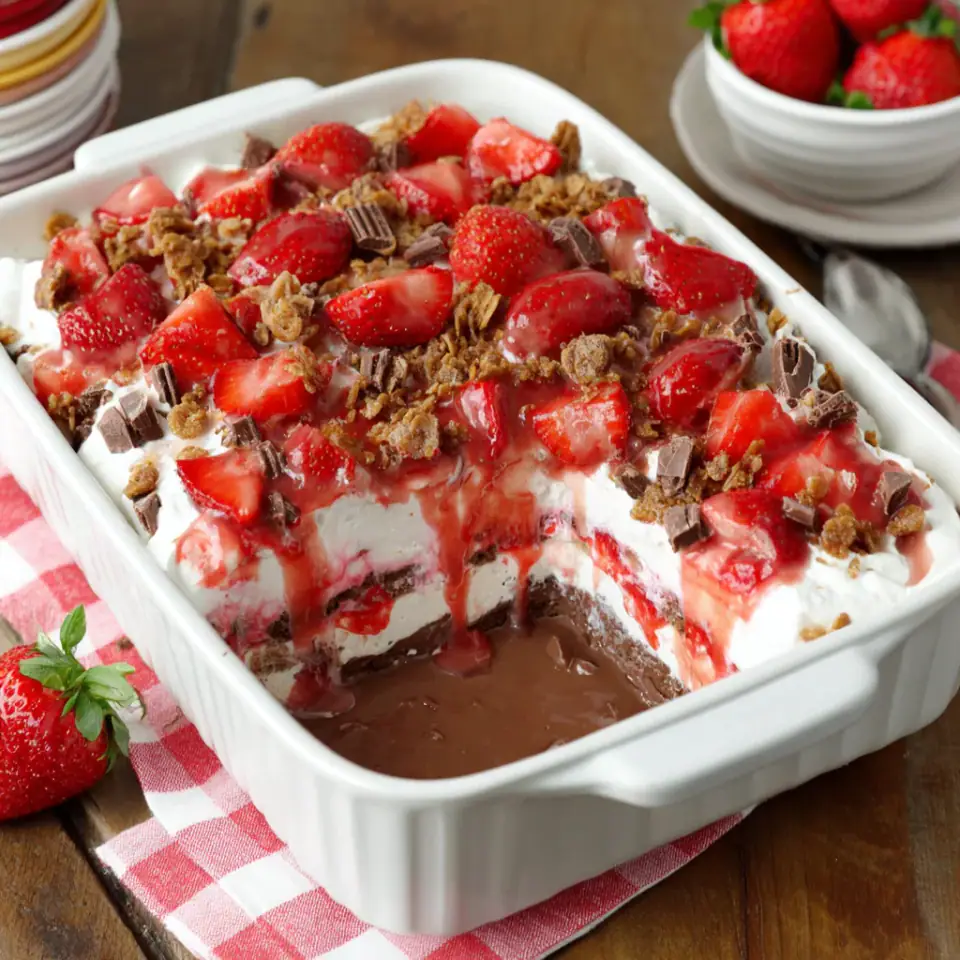 No-Bake Strawberry Chocolate Dessert Bars served on the table