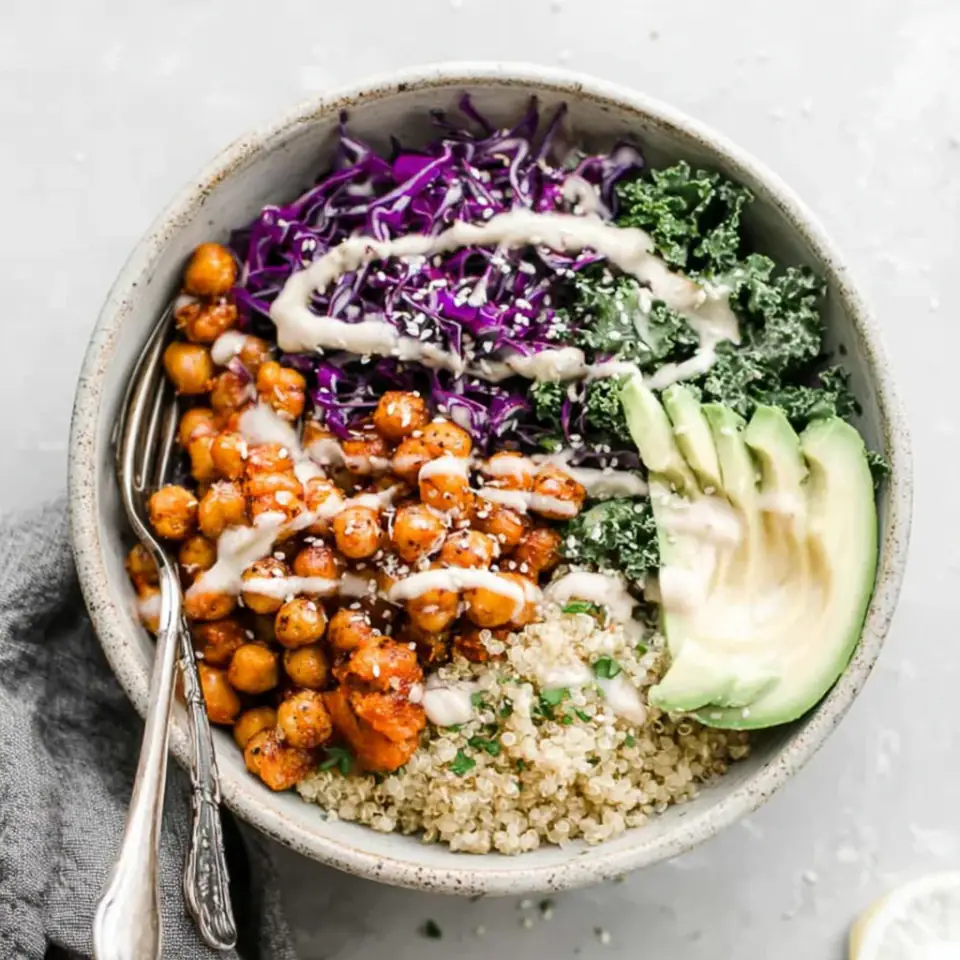Nourishing Buddha Bowl with Maple Roasted Chickpeas, ready to serve