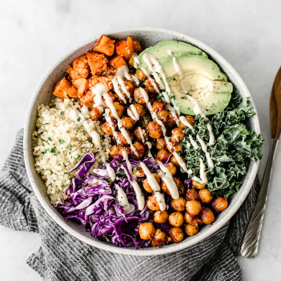 A close look at Nourishing Buddha Bowl with Maple Roasted Chickpeas