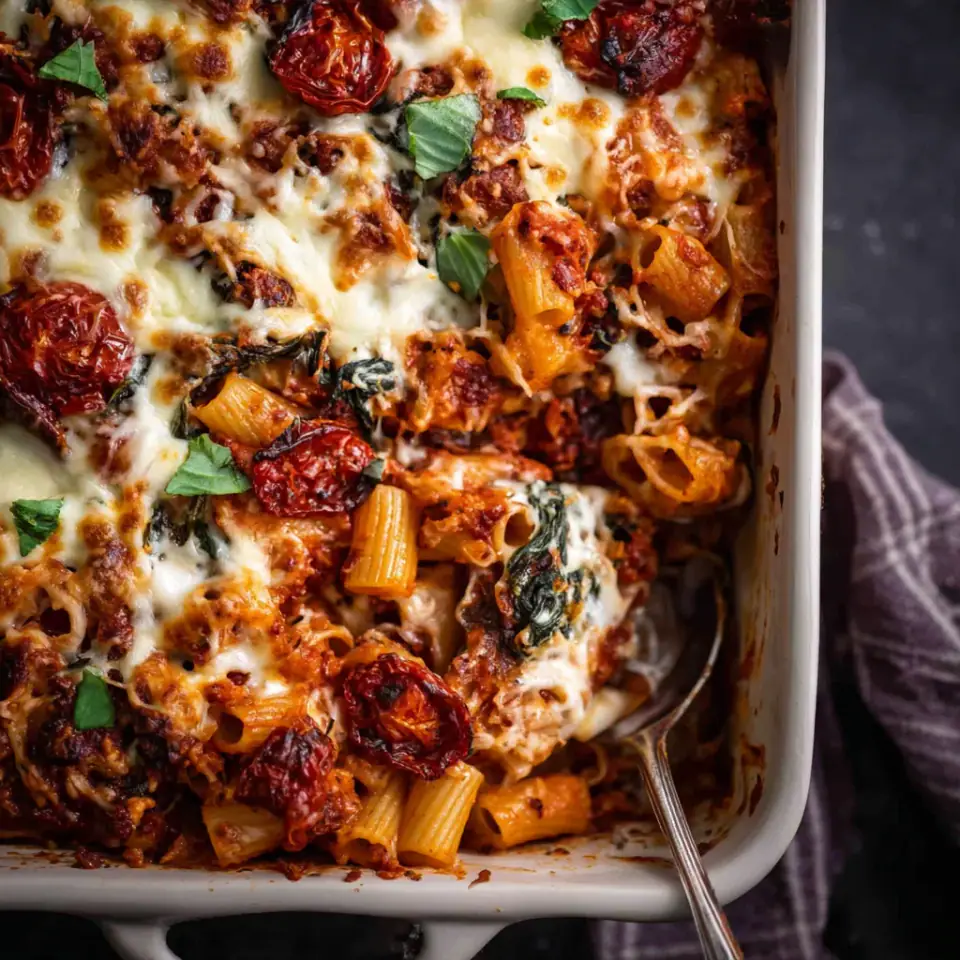 One Pan 4 Cheese Sun-Dried Tomato and Spinach Pasta Bake, ready to serve