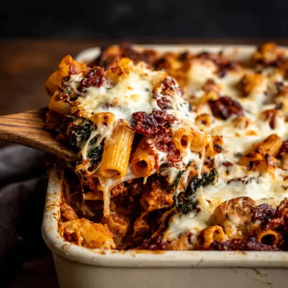 A close look at One Pan 4 Cheese Sun-Dried Tomato and Spinach Pasta Bake