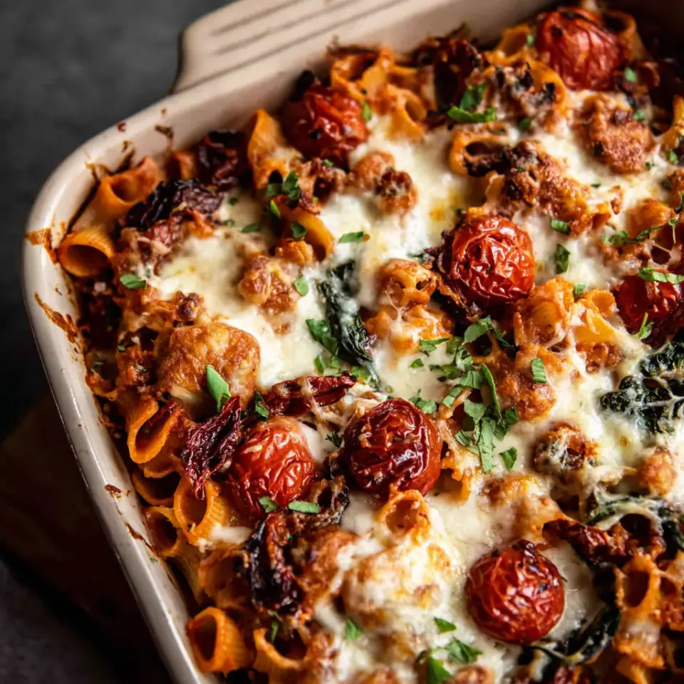 One Pan 4 Cheese Sun-Dried Tomato and Spinach Pasta Bake served on the table