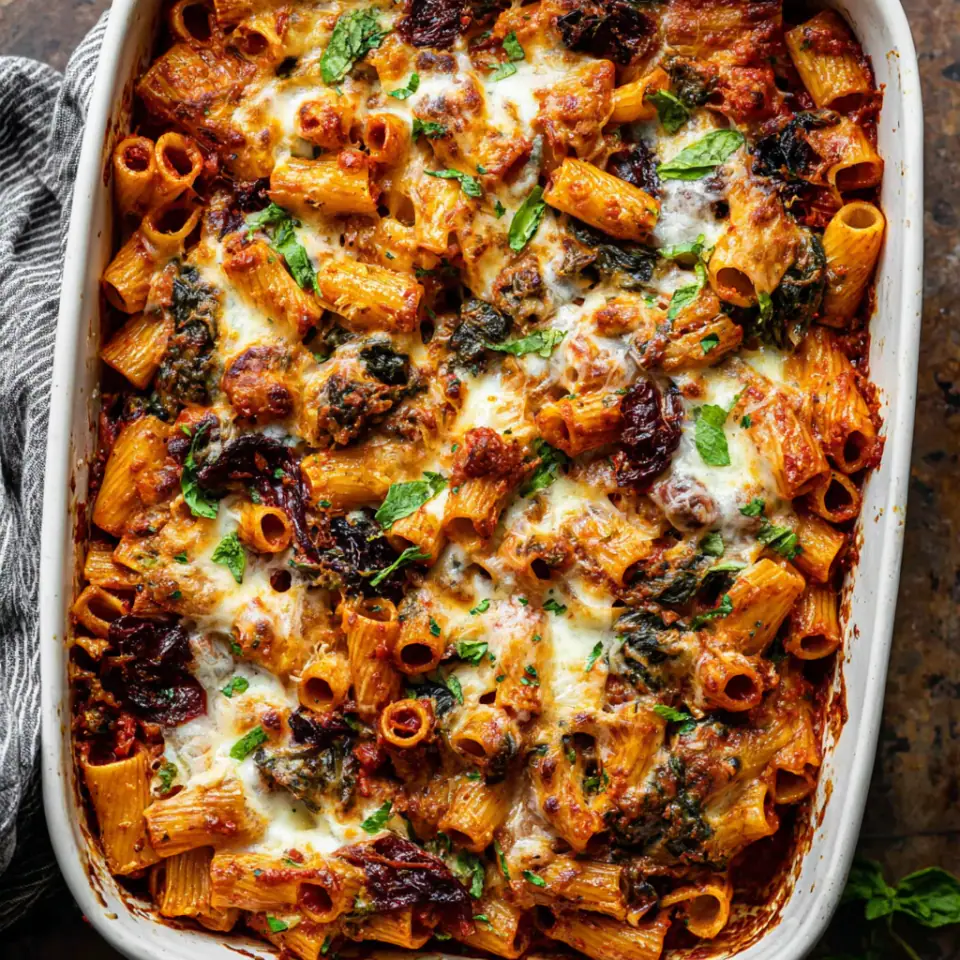 One Pan 4 Cheese Sun-Dried Tomato and Spinach Pasta Bake