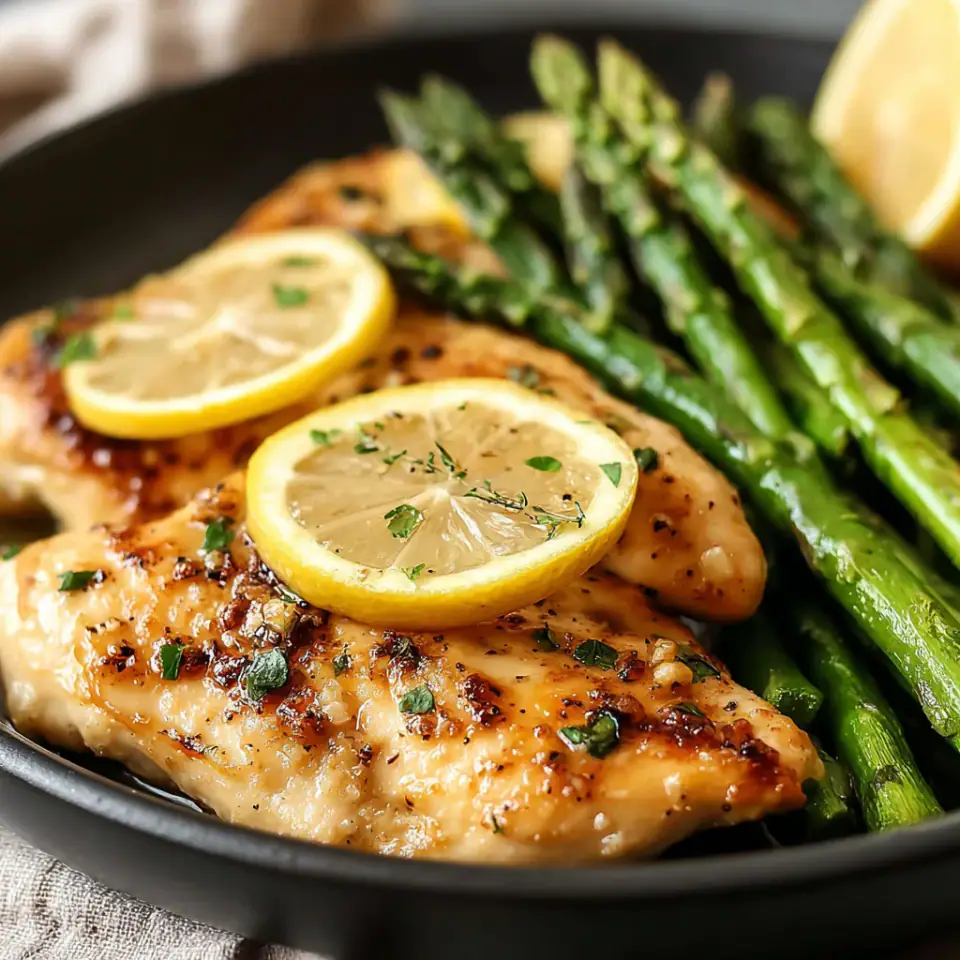 One-Pan Lemon Garlic Chicken with Asparagus, ready to serve