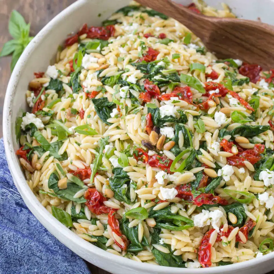 Orzo Salad with Spinach and Feta, ready to serve