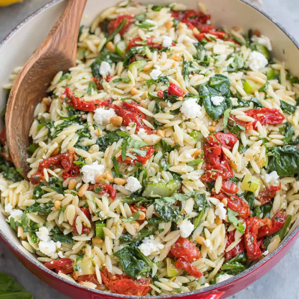 A close look at Orzo Salad with Spinach and Feta