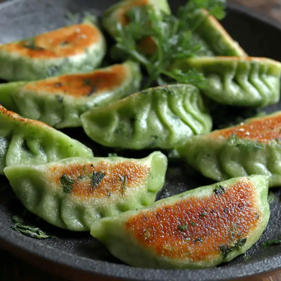 Pan-fried vegetarian dumplings / potstickers served on the table