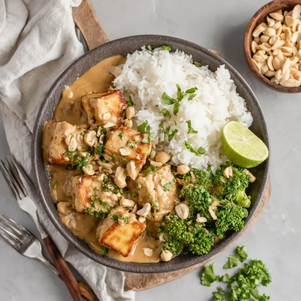 Peanut Tofu with Coconut Rice, ready to serve