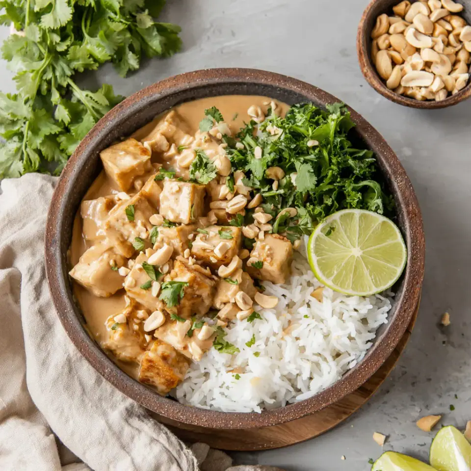 A close look at Peanut Tofu with Coconut Rice