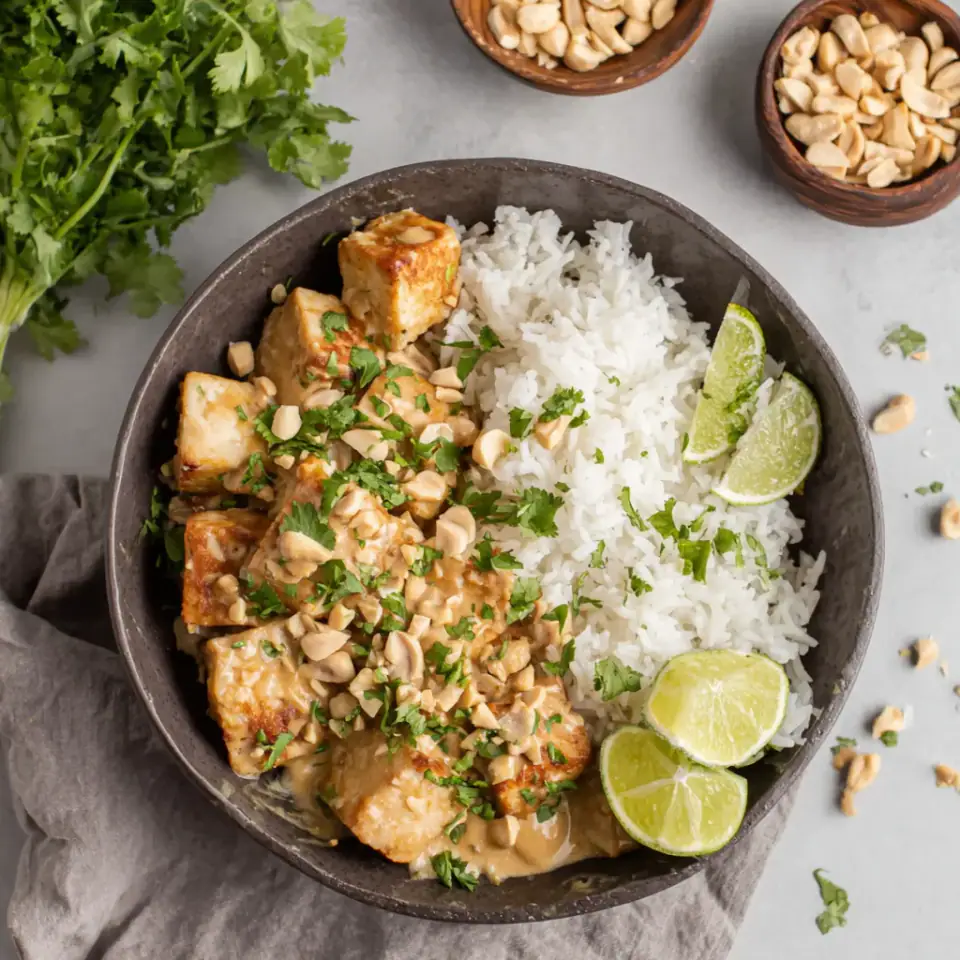 Peanut Tofu with Coconut Rice served on the table