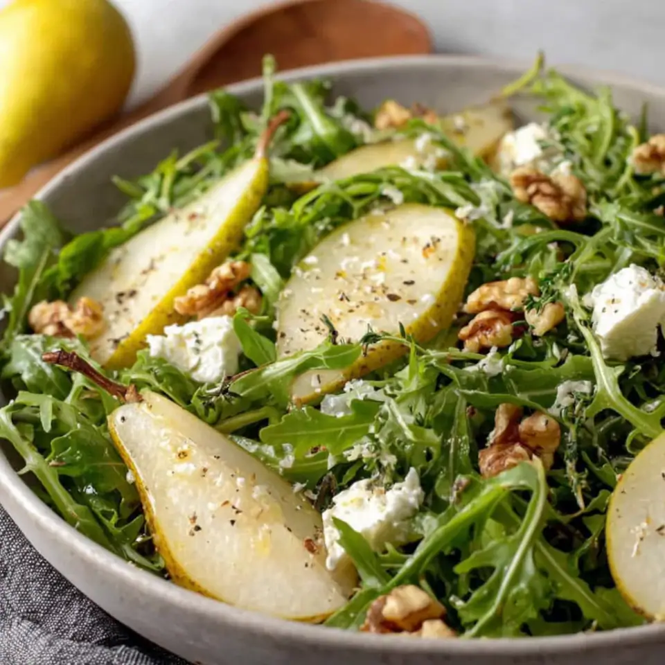 A close look at Pear and Arugula Salad with Honey Vinaigrette