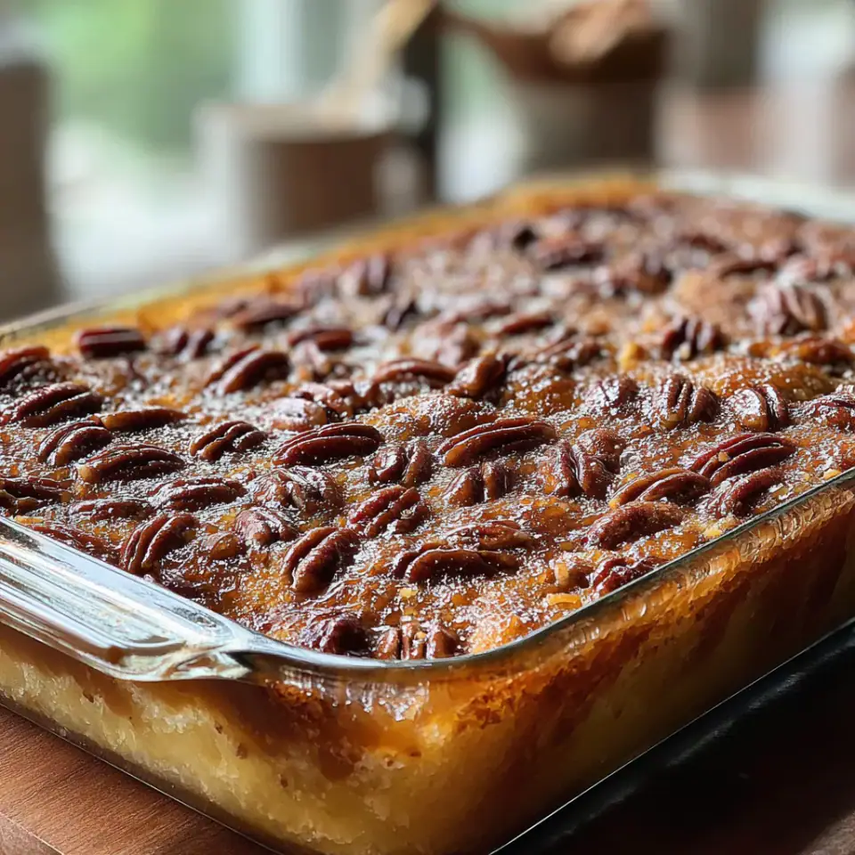 Pecan Pie Dump Cake, ready to serve