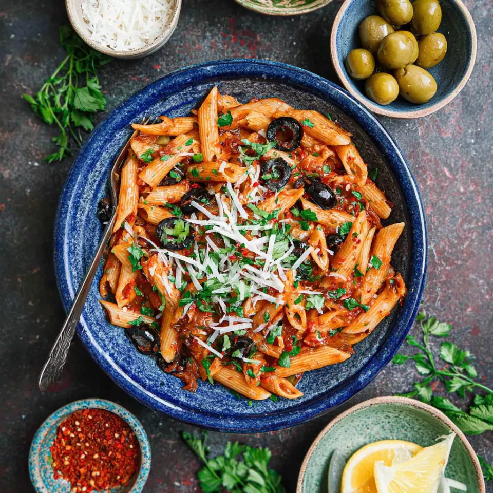 Penne Puttanesca, ready to serve