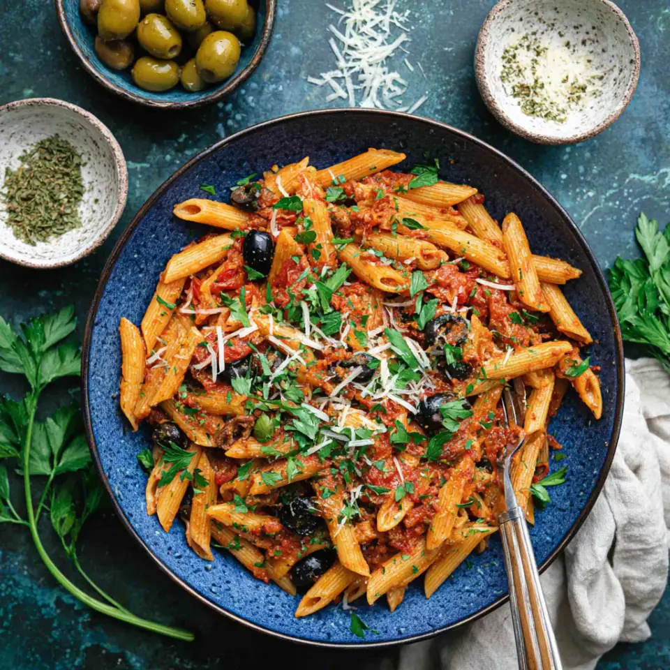 Penne Puttanesca served on the table