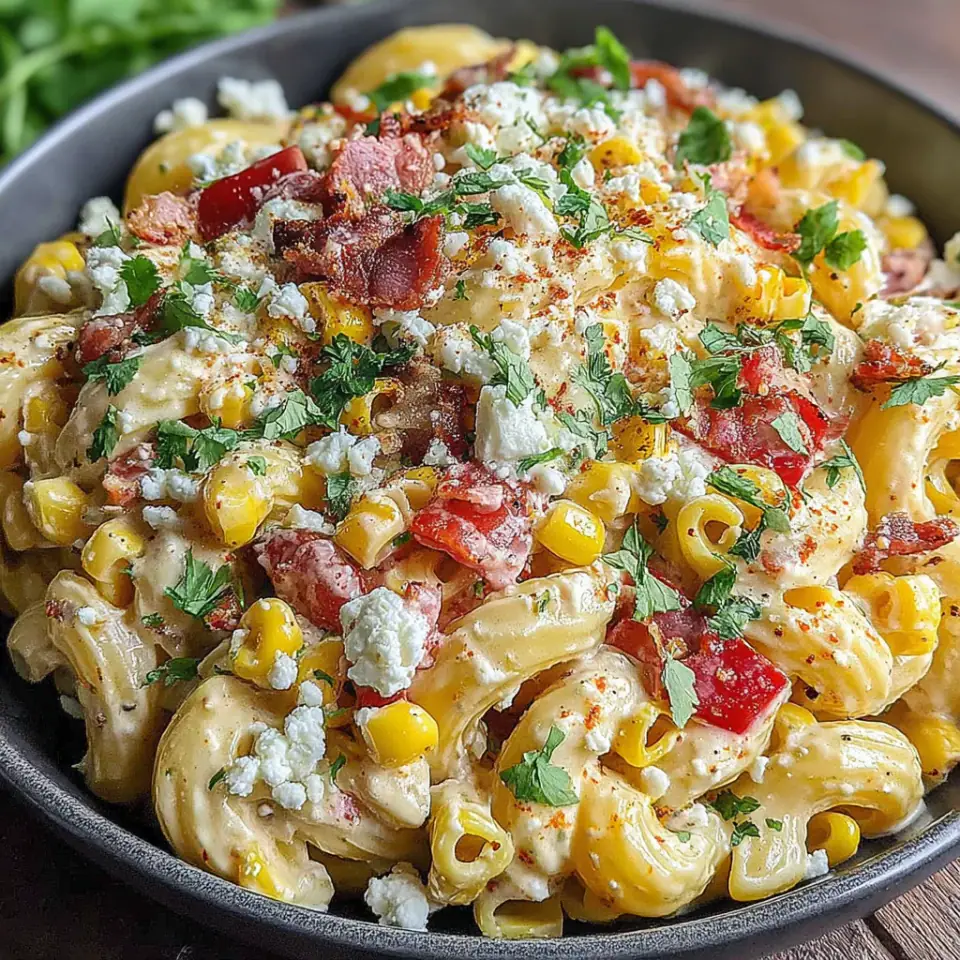 A close look at Mexican Street Corn Pasta Salad with Cotija