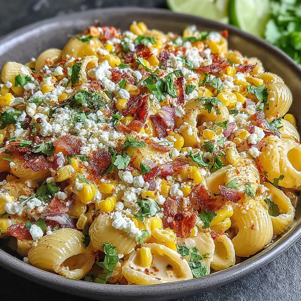 Mexican Street Corn Pasta Salad with Cotija served on the table