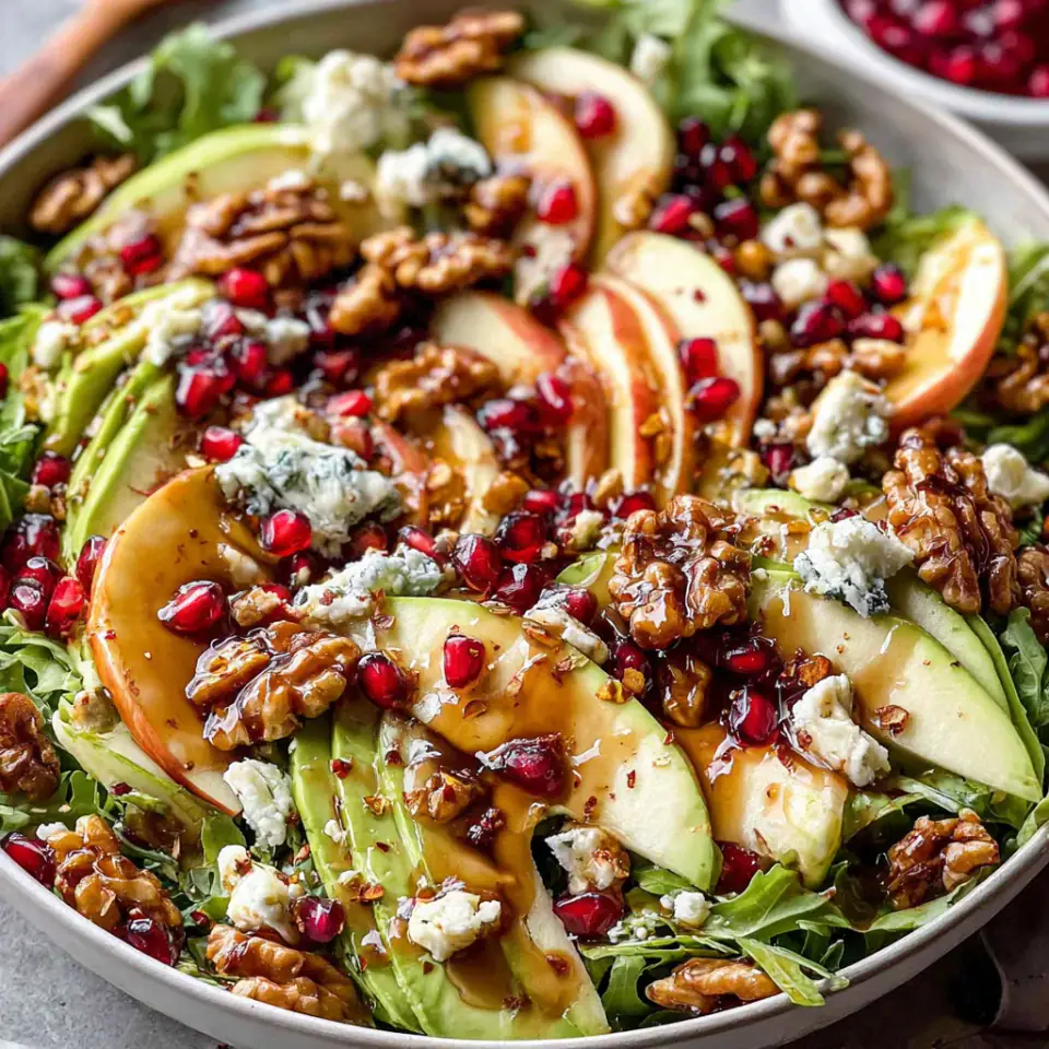 Pomegranate Christmas Salad with Honey Mustard Dressing served on the table