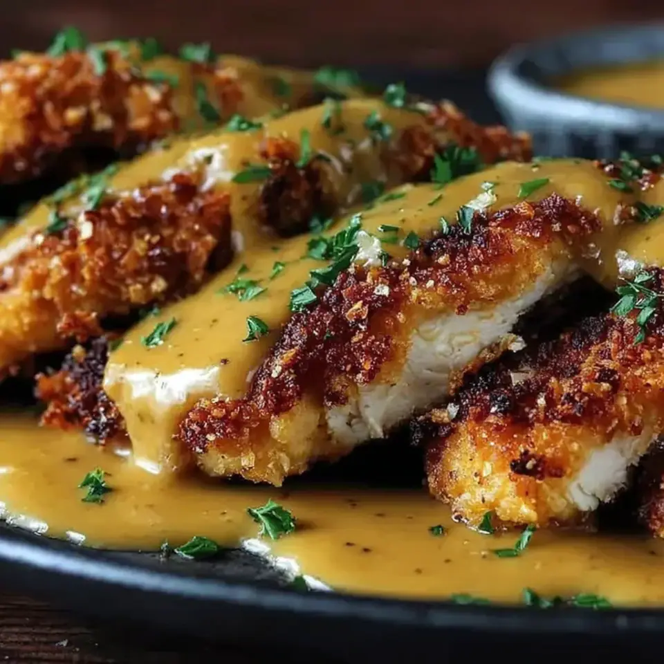 Pretzel Chicken with Mustard-Cheddar Sauce, ready to serve