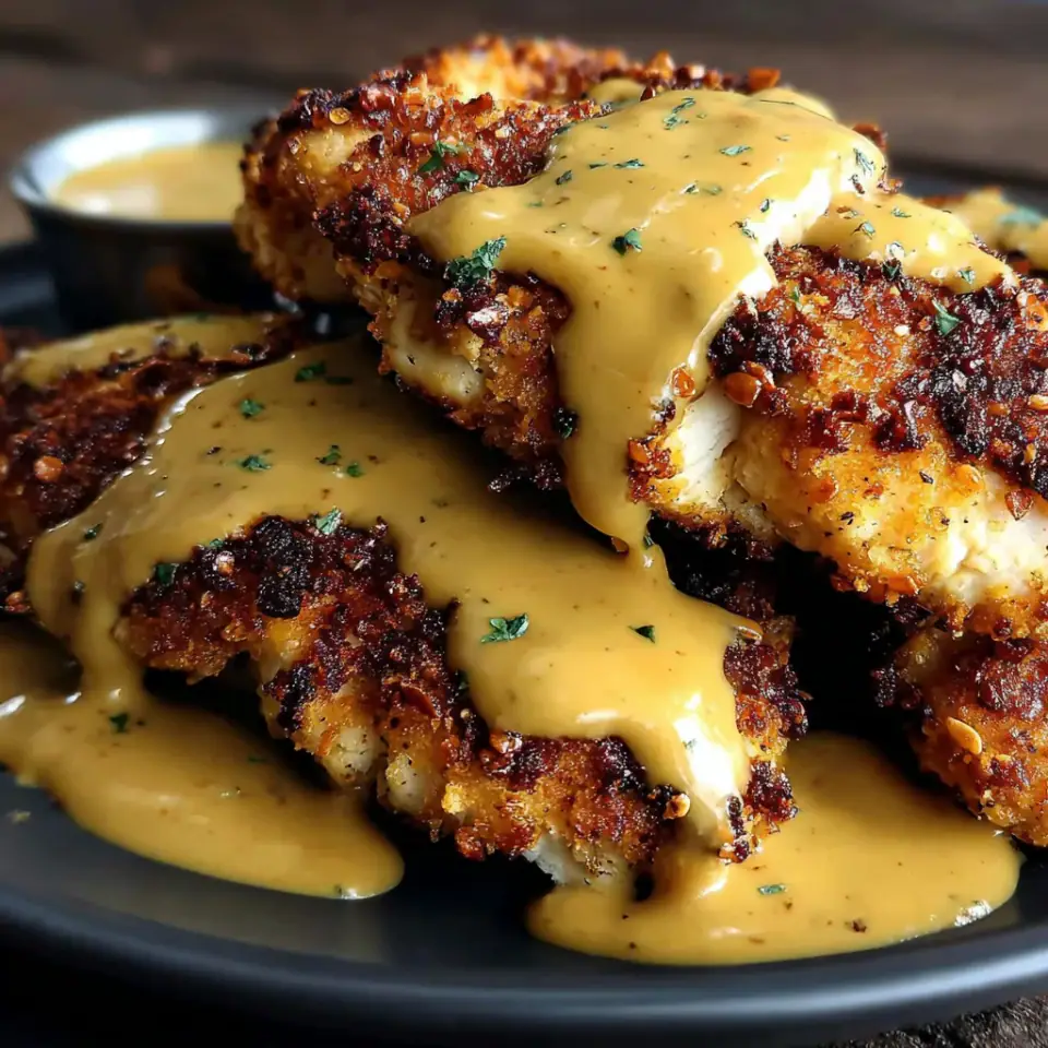A close look at Pretzel Chicken with Mustard-Cheddar Sauce