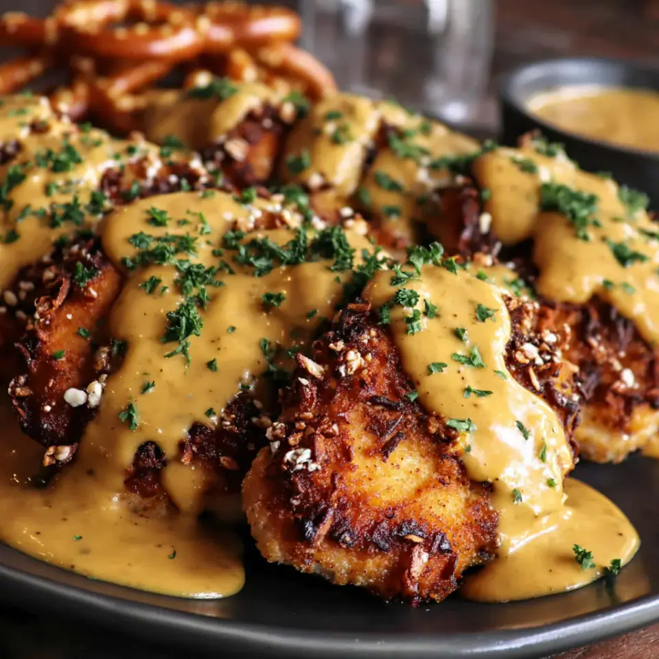 Pretzel Chicken with Mustard-Cheddar Sauce served on the table