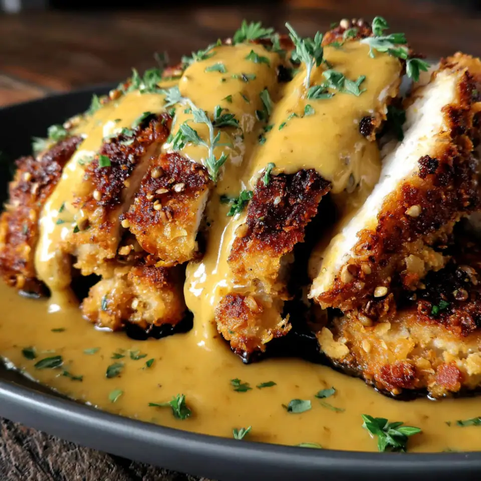 Pretzel Chicken with Mustard-Cheddar Sauce