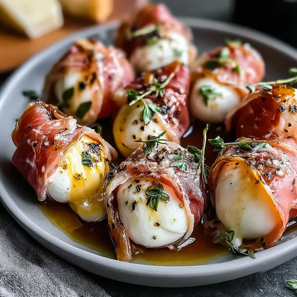 Prosciutto Wrapped Mozzarella Bites, ready to serve