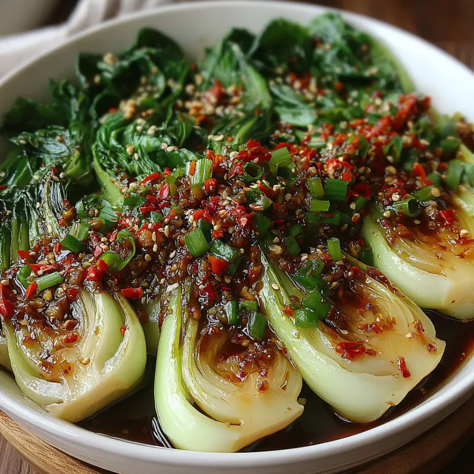 Quick Bok Choy with Ginger Chili Sauce, ready to serve
