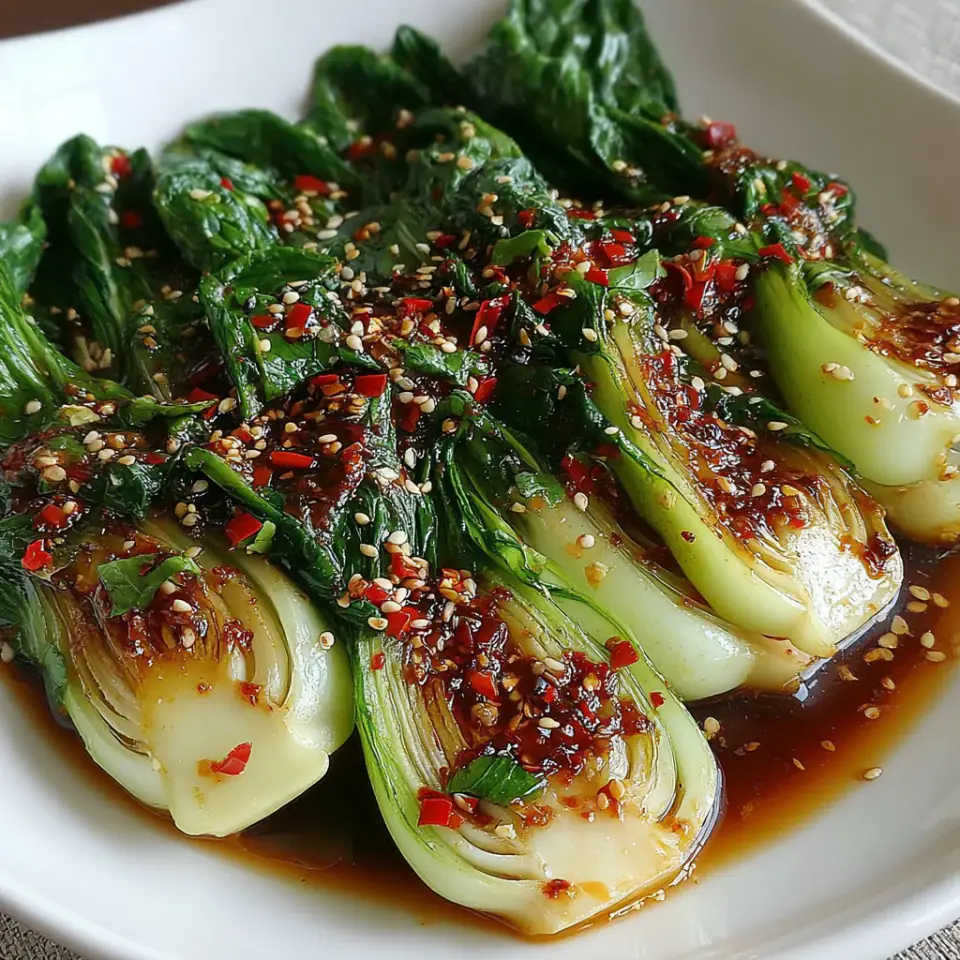 Quick Bok Choy with Ginger Chili Sauce served on the table