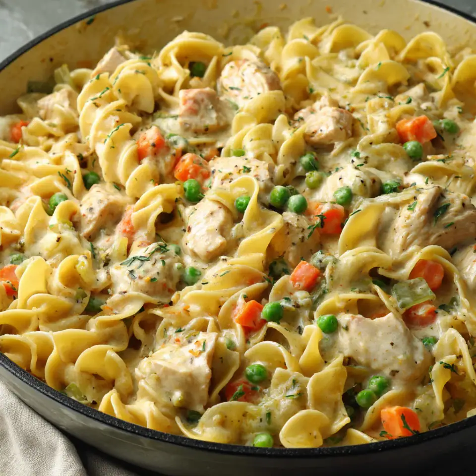 Quick Chicken Pot Pie Pasta, ready to serve