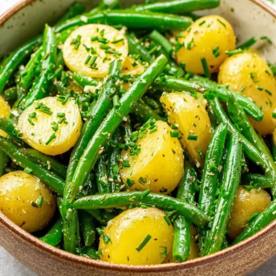 Quick Green Bean Potato Salad served on the table