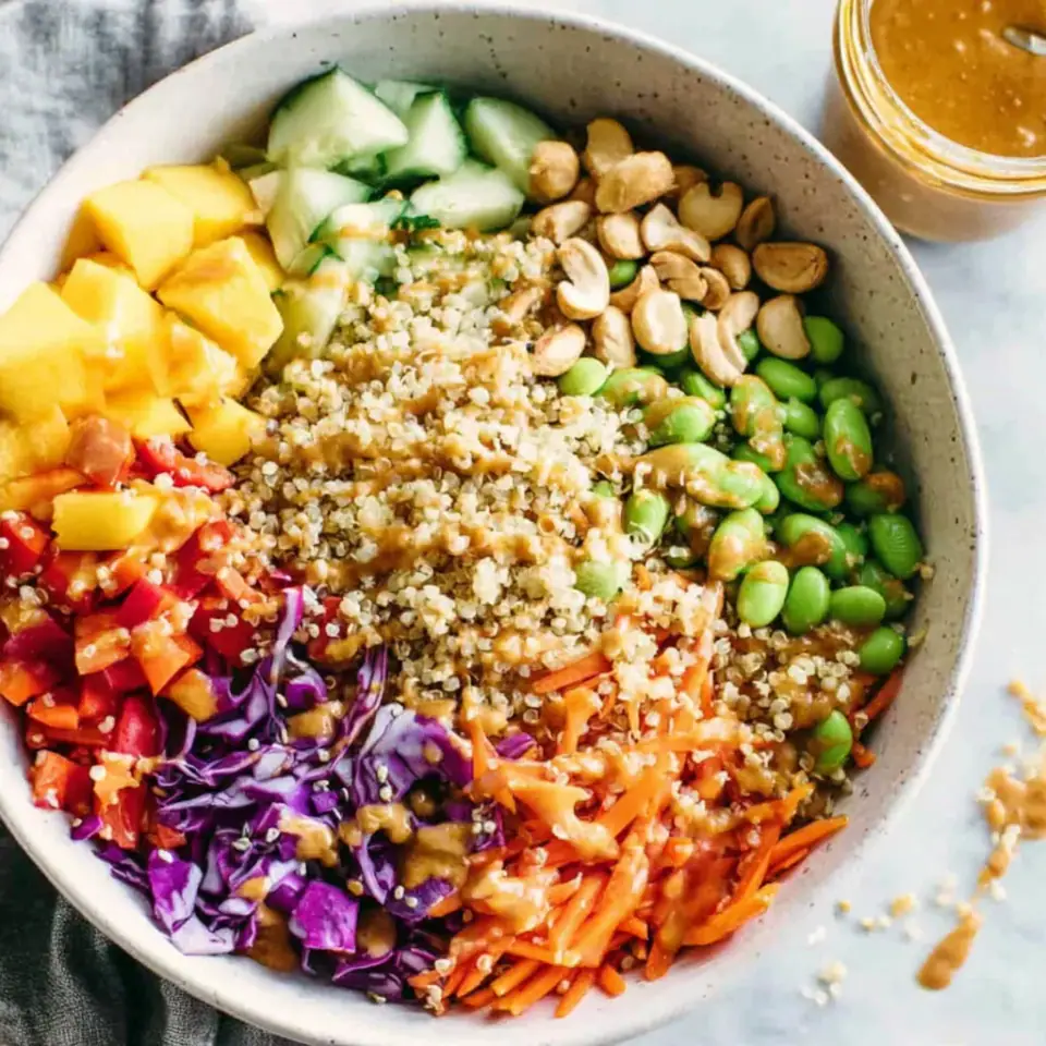Quinoa Crunch Salad with Peanut Dressing, ready to serve