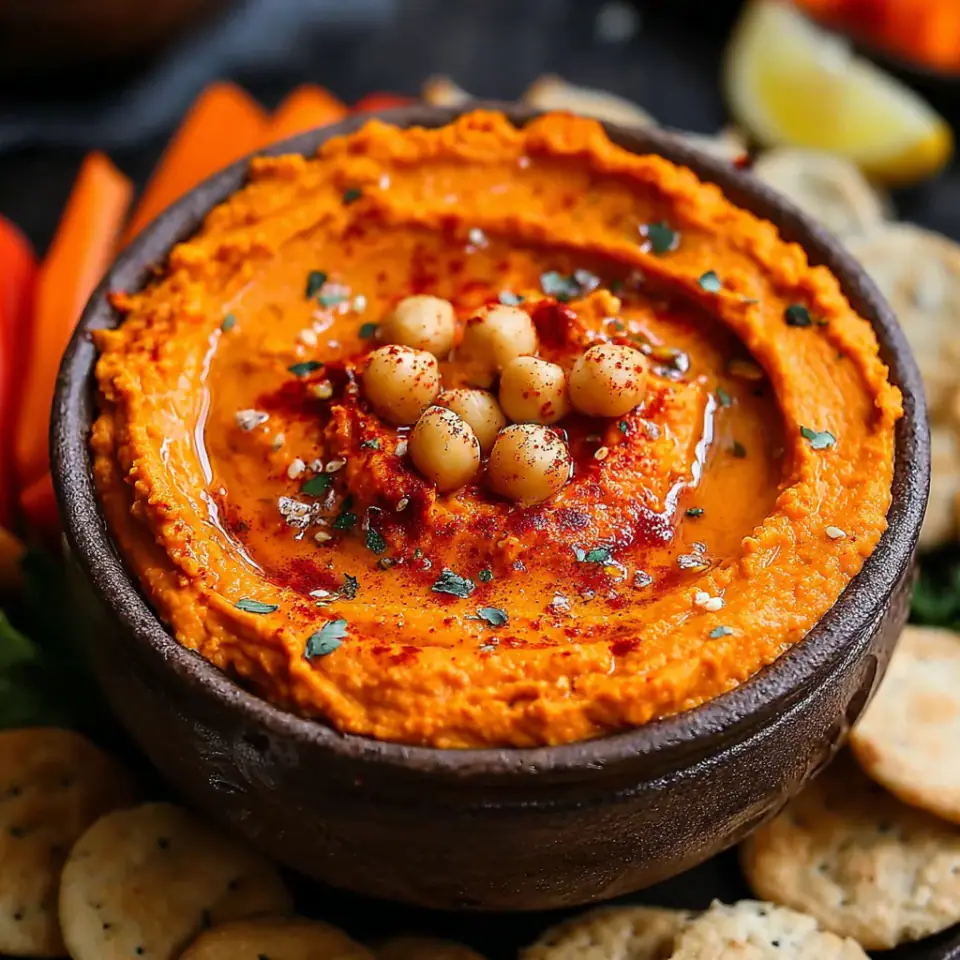 Roasted Red Pepper Hummus, ready to serve