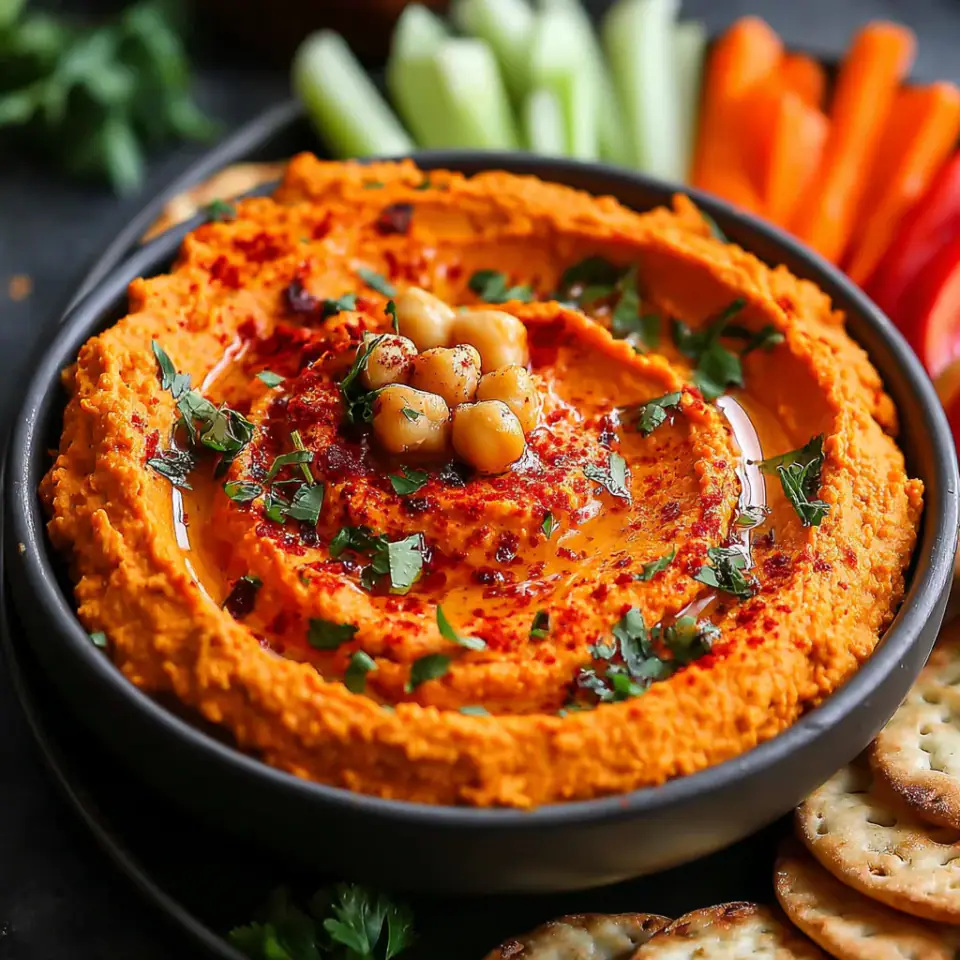 Roasted Red Pepper Hummus served on the table