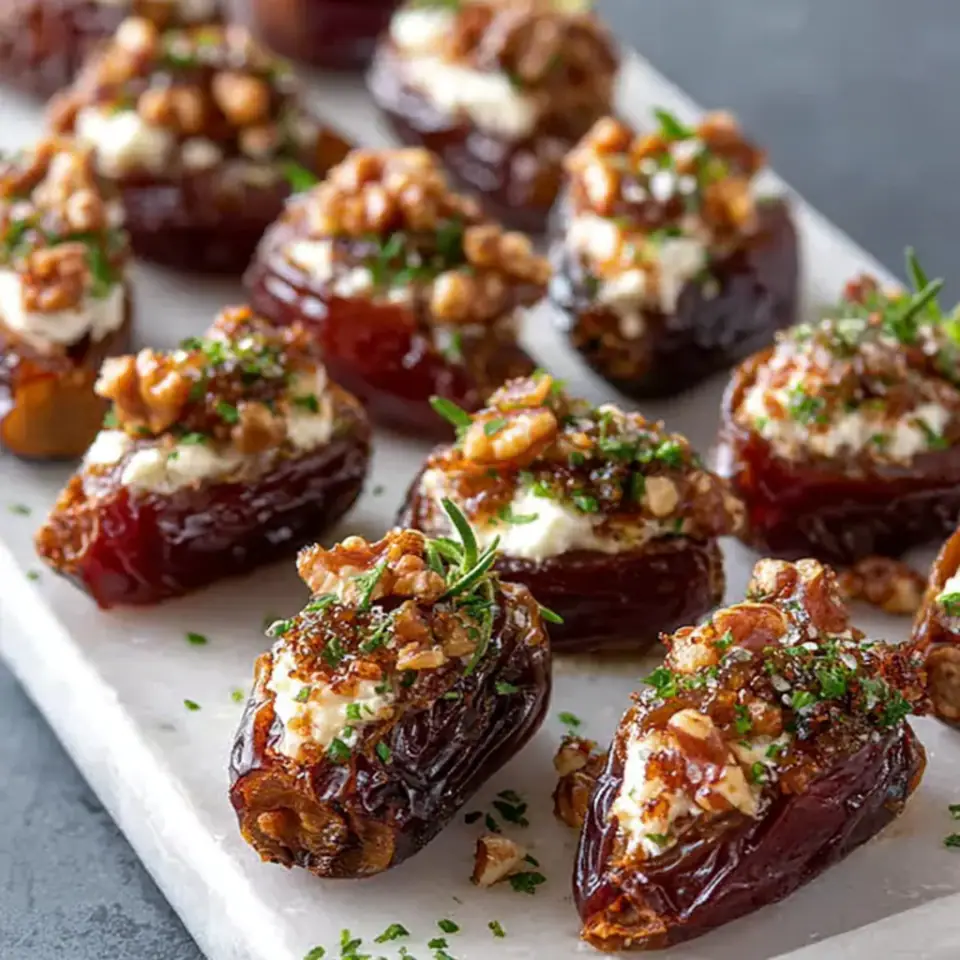 Roasted Stuffed Dates with Goat Cheese served on the table