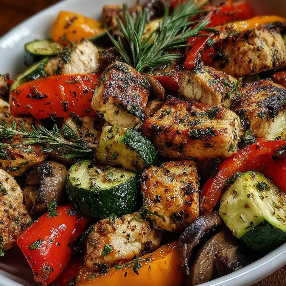 Lemon Herb Grilled Chicken and Vegetables served on the table