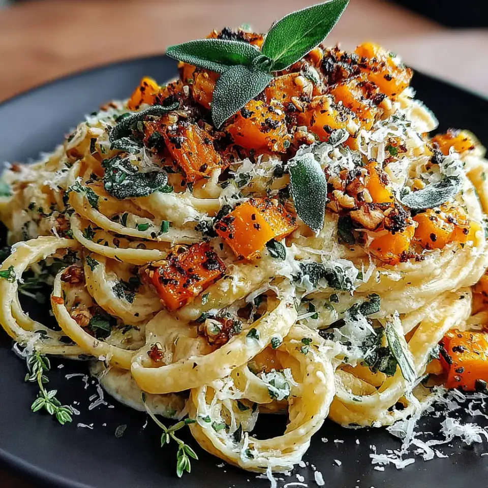 Savory Butternut Squash & Sage Pasta served on the table