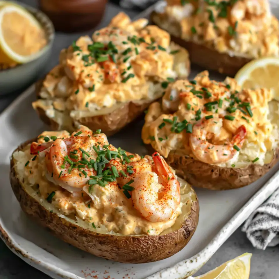 Seafood Stuffed Potatoes served on the table