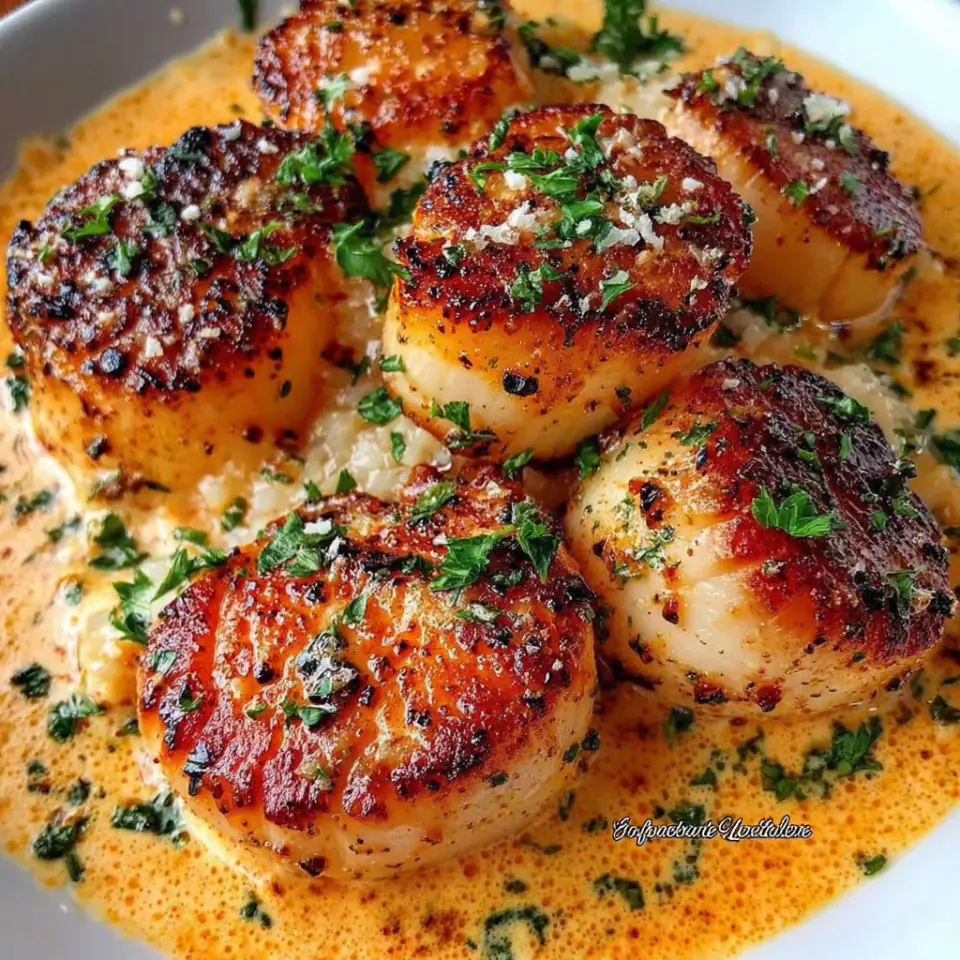 Seared Scallops with Spicy Cajun Cream Sauce, ready to serve